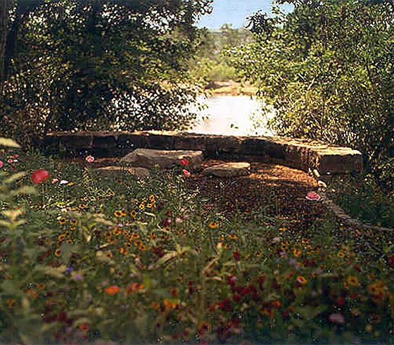Curved bench surrounded by wildflowers and trees.